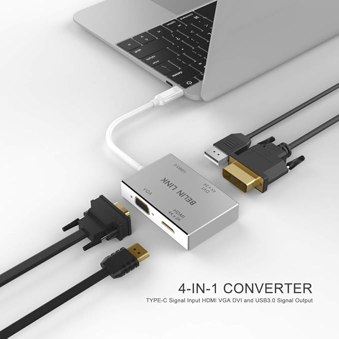 USB C to HDMI DVI VGA USB3.0 Adapter,USB 3.1 Type-C 4in1 Hub to HDMI DVI 4K VGA USB Adaptor Converter (Thunderbolt 3 Compatible), USB-C Adapter for MacBook/MacBook Pro air/Surface pro