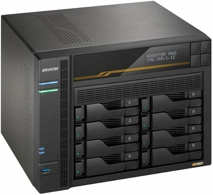 Asustor Lockerstor 8 Gen3 AS6808T 8 Bay NAS, AMD Ryzen Quad-Core 2.3 GHz, 16GB RAM ECC DDR5, 4 M.2 NVMe Slots, Dual 5GbE and Dual 10GbE Port, USB4 Type-C, Network Attached Storage (Diskless) - Ryzen u