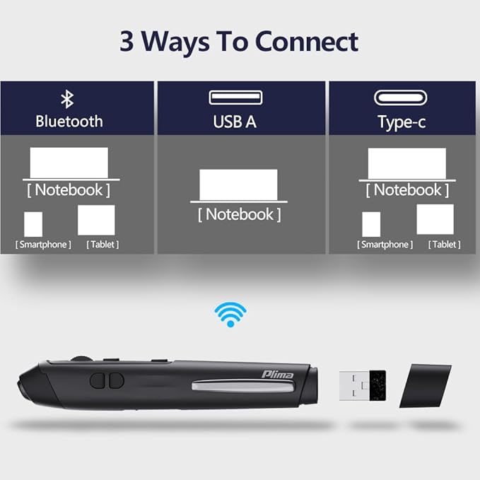 Plima Ergonomic Pen Mouse 2.0 - Dual Mode Bluetooth & 2.4G Wireless Optical Stylus Natural Pen-Tip Press-to-Click Design Pocket-Sized for Laptop, iWindows 7/8/10/11, Android, Linux, Mac OS(Black)