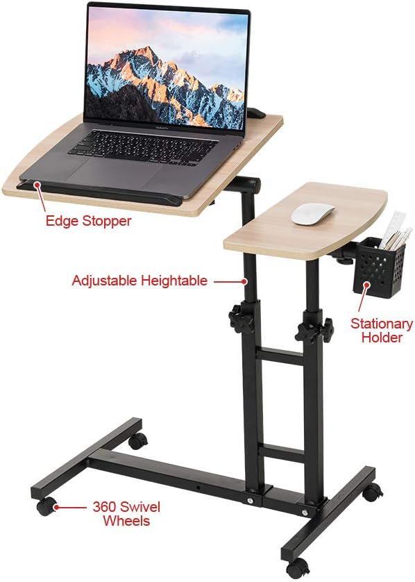 Adjustable Overbed Laptop Table Tilting Top with Mouse Pad, Height Adjustable Rolling Bedside Desk with Wheels for Home, Hospital, Sofa Use - Dark Blond Wood