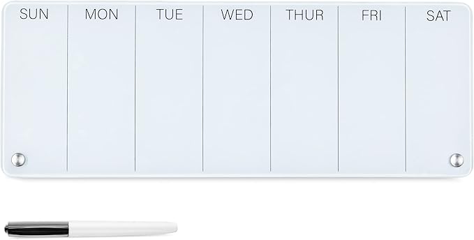 Navaris Weekly Whiteboard Planner - Small Dry Erase Glass Whiteboard to Do Calendar for Office Desk - Dry Erase Schedule Board - 16 x 6 Inches