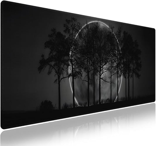 Wknoon. Extra Large Gaming & Office Mouse Pad (31.5" x 11.8") – Silhouetted Trees and a Mystical Moon, Premium XXL Desk Mat with Durable Stitched Edges & Anti-Slip Base & Smooth Fabric Surface