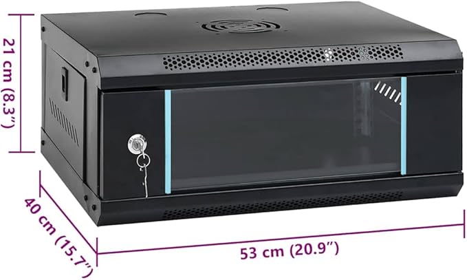 4U Wall Mounted Network Cabinet, 19 Inch Server Data Rack, IP20 Enclosure with Lockable Toughened Glass Door, Cold-Rolled Steel Network Equipment Storage, 20.9 x 15.7 x 8.3 Inches