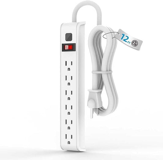 TiFFCOFiO Surge Protector Power Strip, 12 Feet Extension Cord, 600 Joules Surge Protection, Multiple Protection 6 Outlet Strip, 14 AWG Cord, 15A/1875W, ETL Listed