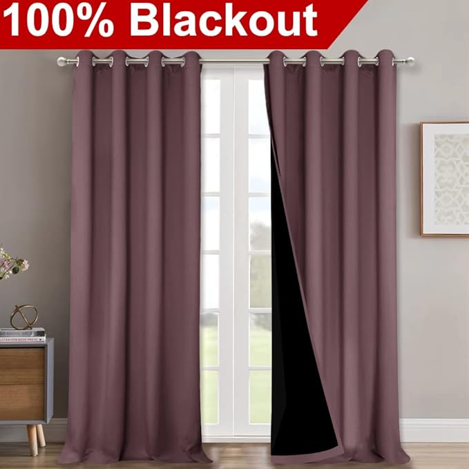 NICETOWN 100% Blackout Curtains for Windows, Dry Rose, Pack of 2, 52 inches W x 120 inches L, Super Heavy-Duty Black Lined Total Darkness Drapes for Bedroom, Privacy Assured Window Treatment for Patio
