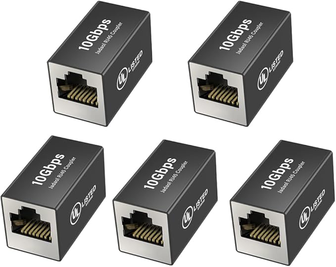 Jadaol [UL Listed RJ45 Coupler 10Gbps Shielded, Gold-Plated Contacts, Aluminum Alloy Inline Ethernet Extender, PoE Supported Female-to-Female Adapter for Cat8/Cat7/Cat6a/Cat6 Cables, 5-Pack Black