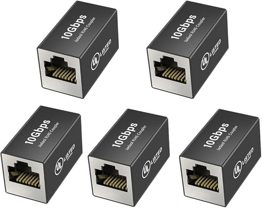 Jadaol [UL Listed RJ45 Coupler 10Gbps Shielded, Gold-Plated Contacts, Aluminum Alloy Inline Ethernet Extender, PoE Supported Female-to-Female Adapter for Cat8/Cat7/Cat6a/Cat6 Cables, 5-Pack Black