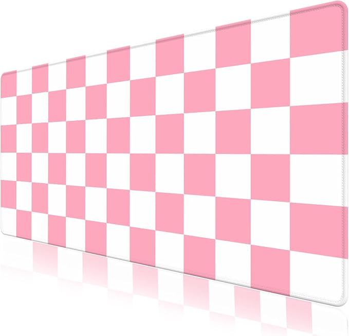 Pink White Desk Pad Mouse Pad, Checkered Pattern Large Gaming Mouse Mat with Stitched Edges, Non-Slip Waterproof Rubber Base Mous Mat for Office Computer Keyboard Laptop Home Decor (35.4X17.5 in)