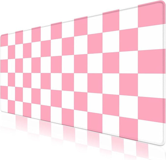 Pink White Desk Pad Mouse Pad, Checkered Pattern Large Gaming Mouse Mat with Stitched Edges, Non-Slip Waterproof Rubber Base Mous Mat for Office Computer Keyboard Laptop Home Decor (35.4X17.5 in)