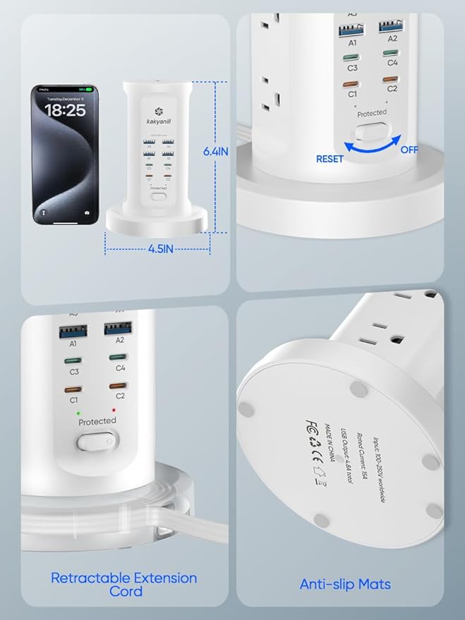 30W USB Charging Station, Surge Protector Power Strip Tower, 9 AC Outlets with 8 USB Ports(4 USB-C), 6Ft Flat Plug Retractable Extension Cord, for Home Office Dorm, White