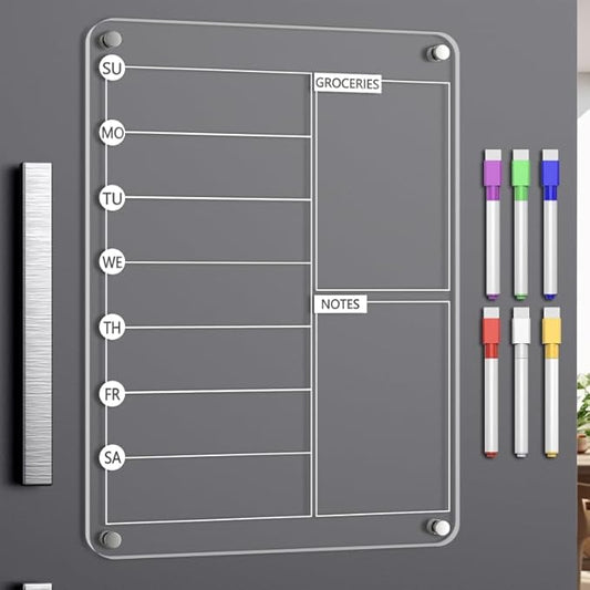 Acrylic Meal Planner Magnetic Menu Board for Kitchen Fridge, 13"x9" Clear Weekly Calendar Planning Board Noteboard Refrigerator Dry Erase Board to Do/Grocery/Shopping Lis Includes 6 Markers