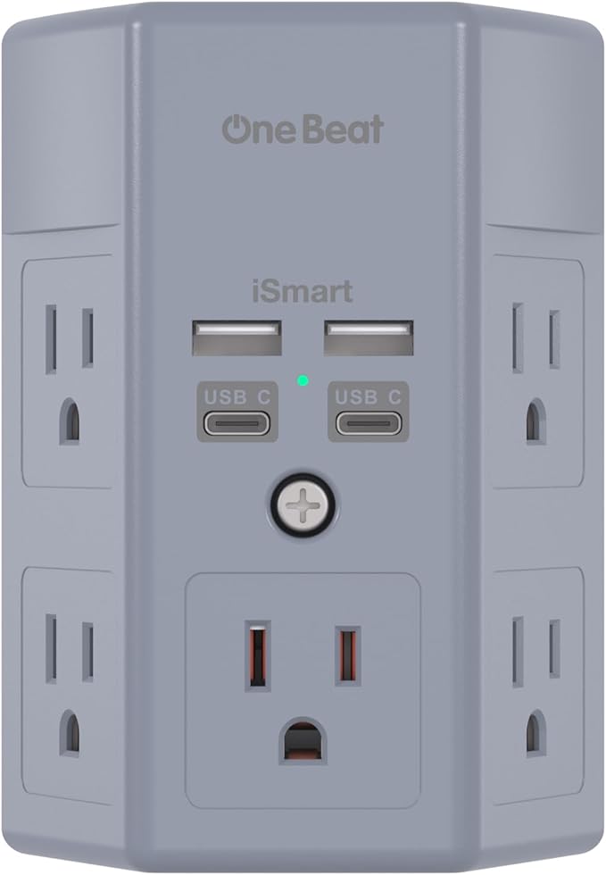 Surge Protector, 5 Outlets Extender with 4 USB Ports(USB C), 3-Side 1680J Power Strip Multi Plug Outlet Expander, USB Wall Charger, Outlet Splitter Adapter Wall Mount for Home Office ETL Listed（Grey）