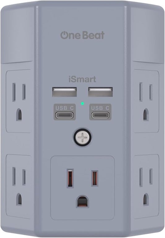 Surge Protector, 5 Outlets Extender with 4 USB Ports(USB C), 3-Side 1680J Power Strip Multi Plug Outlet Expander, USB Wall Charger, Outlet Splitter Adapter Wall Mount for Home Office ETL Listed（Grey）