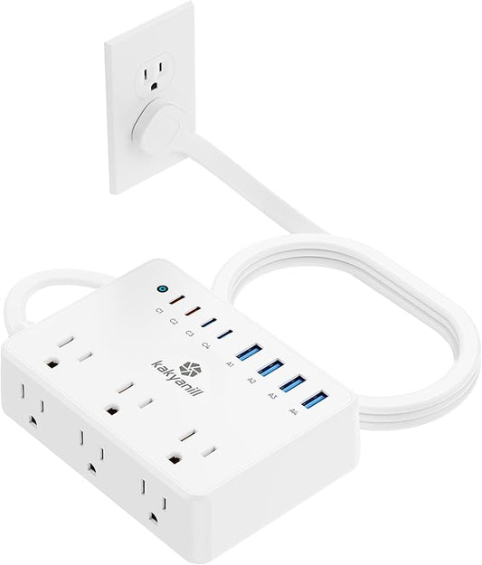 100W Charging Station, 6 AC Outlets 8 USB Power Strip with 2000J Surge Protector, 5ft Flat Plug Extension Cord, Compact for Desk Home Office Dorm, White