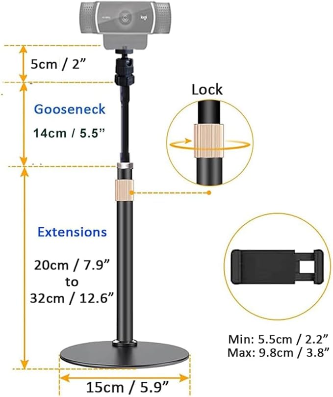 Webcam Stand Phone Holder [Extension-Type] Desktop Stand Flexible Gooseneck Video Stand Camera Mount for Cellphones, Logitech Webcam C922 C930e C920S C920 C615, Etc. (1/4" Threads)