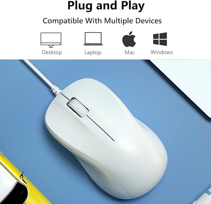 CORN USB Silent Wired Computer Mouse with Easy Click for Office and Home, 1200DPI, Premium and Portable, Compatible with Windows PC, Laptop, Desktop, Notebook (White)