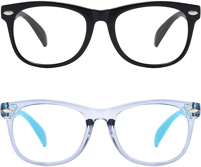 2 Pack kids Blue Light Blocking Glasses For Girls And Boys Computer Blue Light Blocking Glasses For Age 3-11 (Black + Light blue)