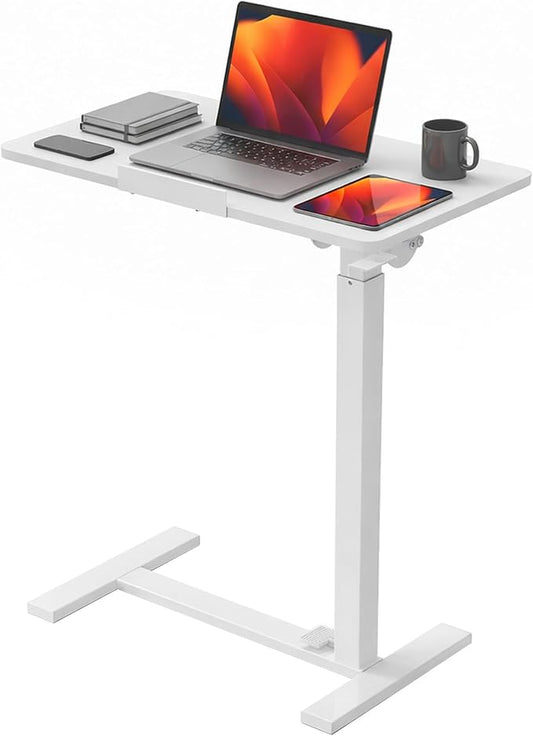 OLIXIS Mobile Standing Desk, Height-Adjustable Computer Cart with Pneumatic Lift, Portable Computer Workstation Cart for Bed, Couch, Office, Sofa, White