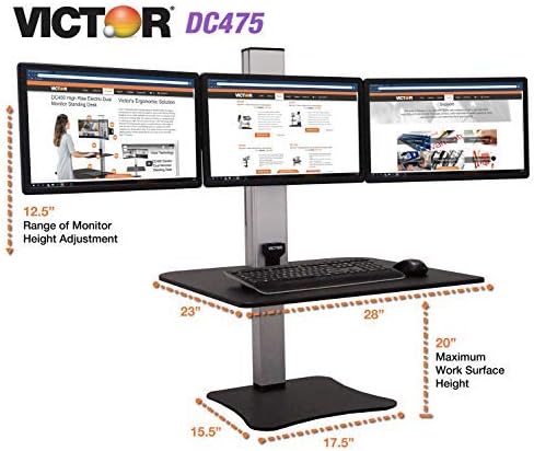 Victor DC475 High Rise Electric Triple Monitor Standing Desk Converter | Three Large Monitor Sit-Stand Desk | 28” Wide Work Surface | Compatible with Any Standard Desk | Adjustable Monitor Holder