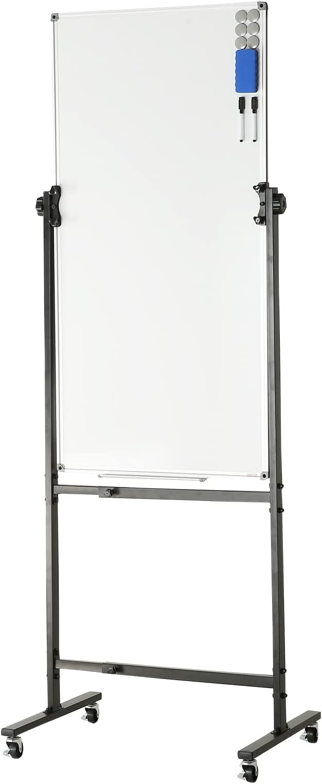 VEVOR Rolling Magnetic Whiteboard, Double-Sided Mobile Whiteboard 24x48 Inches, 360° Reversible Adjustable Height Dry Erase Board with Wheels & Movable Tray for Office School
