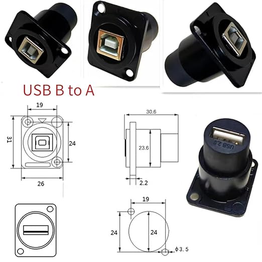 5PCS Panel Mount USB B to USB A Connector for Printer, D Type Female USB 2.0 Scanner Converter Adapter for HP, Canon, Dell, Epson, Lexmark, Xerox and More