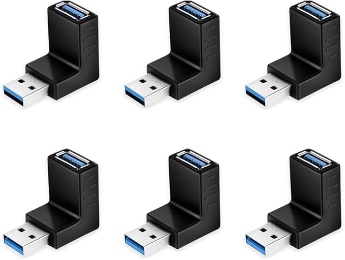 ELUTENG 90 Degree USB 3.0 Adapter 6 Pack - Right Angle Male to Female Up/Down/Left/Right Connector - L Shaped Extension for PC, Laptop, Charger and More