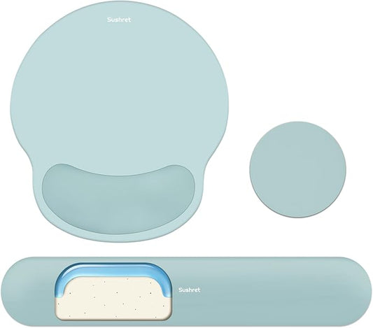 Mouse Pad and Keyboard Wrist Rest, 3-in-1 Gel Memory Foam Ergonomic Mouse Pad with Wrist Rest Set, Gaming Mousepad Arm Cushion Support for Computer Office Desk Accessories Cute, Seafoam Blue