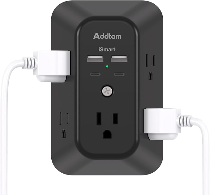 Surge Protector Outlet Extender - Addtam 5-Outlet Splitter with 4 USB Wall Charger(2 USB-C Ports), Multi Plug Outlet Power Strip for Home, Dorm Room Essentials, Black