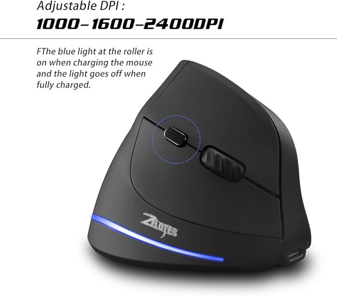 zelotes Wireless Ergonomic Mouse,2400 DPI (3-Level Adjustable),Rechargeable Vertical Mouse for Reduced Wrist Strain,LED Lighting,2.4G with USB Receiver,Optical Portable Mice for/Laptop/PC (Black)