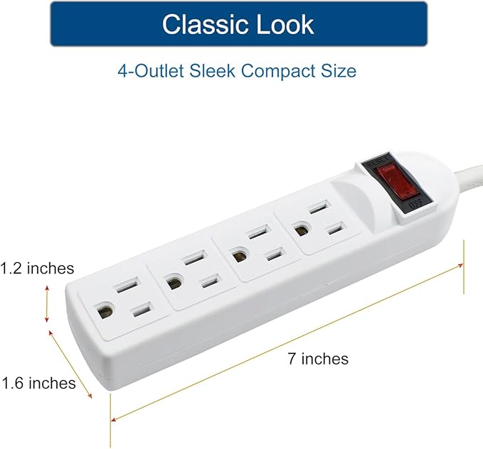 Small Power Strip Surge Protector, 4 Outlet 15A 125V 1875W, 90 Joules, Short 20-Inch Cord with Flat Plug, Classic Design, ETL Listed