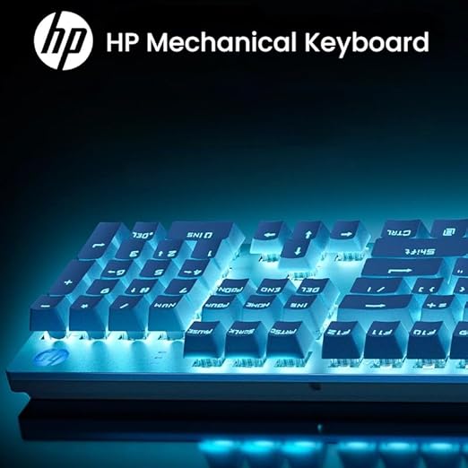 HP GK400F Mechanical Gaming Keyboard, Wired USB, 104 Keys Full Size, Tactile Brown Switch, Blue LED Backlit, Anti-Ghosting, Ergonomic Metal Panel, ABS Keycaps, Silver & White