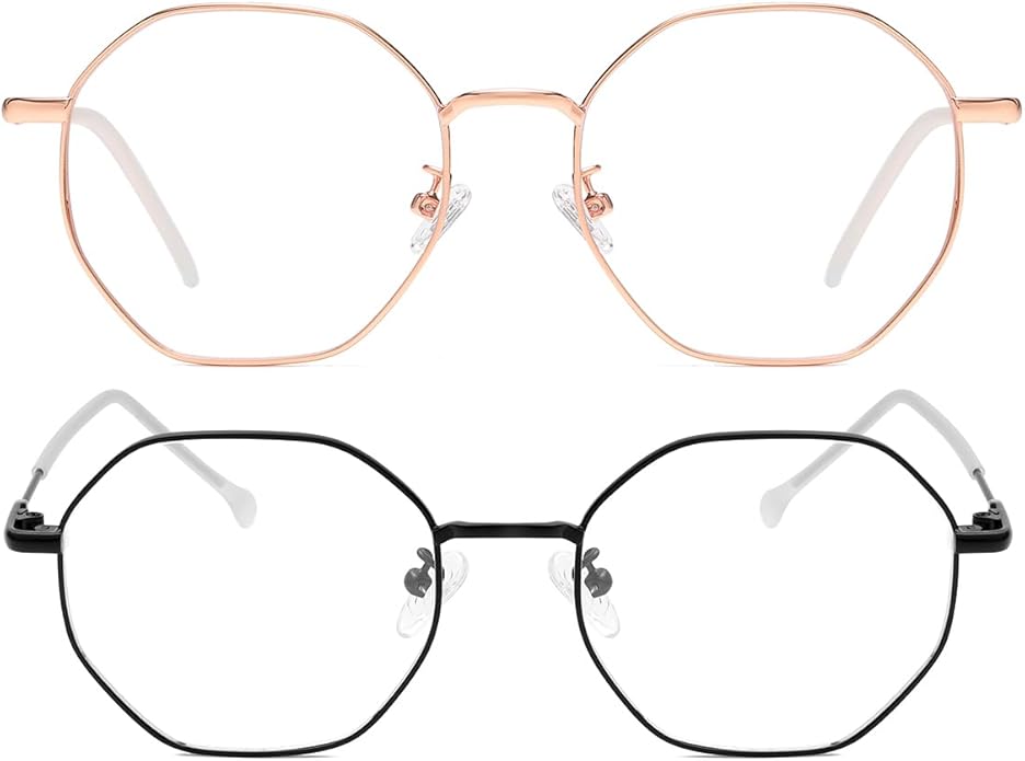 JOVAKIT Polygon Blue Light Blocking Glasses for Women Men Vintage Octagon Square Non-prescription Metal Eyeglasses