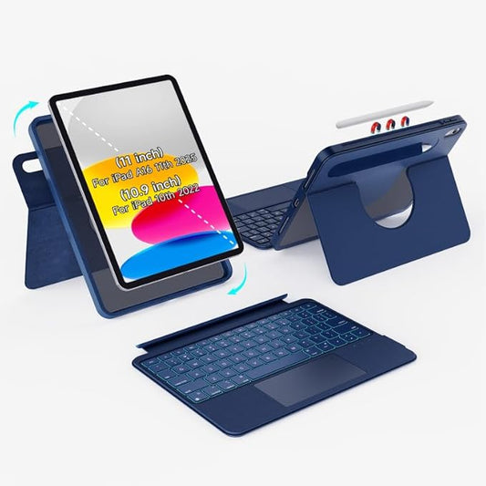 Rotatable Detachable Magnetic Keyboard Case for iPad A16 11th/10th Gen, with Larger-Touch Trackpad, Shockproof Bumper, Support Portrait, Magnetic Pencil Holder, Backlight,Full Protect, Blue