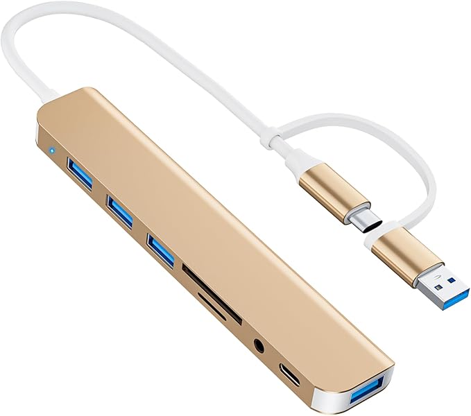 USB C/USB Hub Multiport Adapter,USB 3.0 Hub Aluminum 8 in 1 USB Splitter with SD/TF Card Reader,1 x USB 3.0, 3 x USB 2.0, 1 x USB C,and 3.5mm Audio Output for MacBook Pro Air,iPad Pro,Laptop-Gold