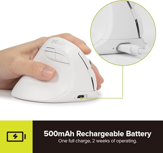 DELUX Left Handed Ergonomic Mouse, Mini Wireless Vertical Mouse, Silent Click Ergonomic Mouse, Up to 4000 DPI, 6 Buttons, Rechargeable, Bluetooth/2.4G/ Wired, Tri-Mode for Laptop/PC (M618ZD-White)
