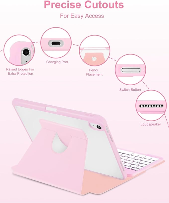 Case with Keyboard Mouse for iPad A16 11th 10th Generation 11/10.9 inch,Rainbow Backlit Detachable Keypad Rotatable Magnetic Cover with Pencil Holder for iPad 11 2025 10 Gen 2022 Pink