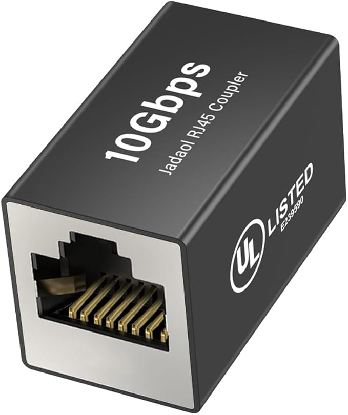 Jadaol [UL Listed RJ45 Coupler 10Gbps Shielded, Gold-Plated Contacts, Aluminum Alloy Inline Ethernet Extender, PoE Supported Female-to-Female Adapter for Cat8/Cat7/Cat6a/Cat6 Cables, 1-Pack Black