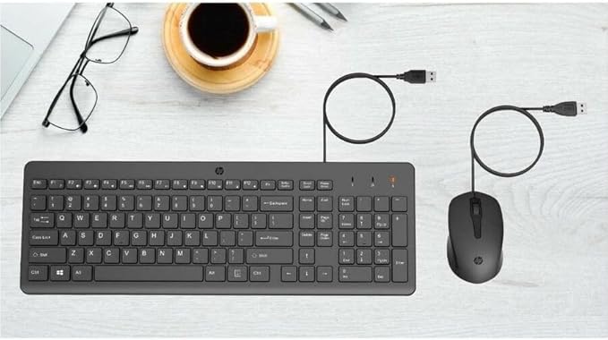 HP 150 Wired Mouse and Keyboard Combo - Full-Sized, Low-Profile Keyboard with Numeric Keypad - 1600 DPI Optical Sensor, Multi-Surface Wired Mouse - USB Plug-and-Play Connectivity (240J7AA, Black)