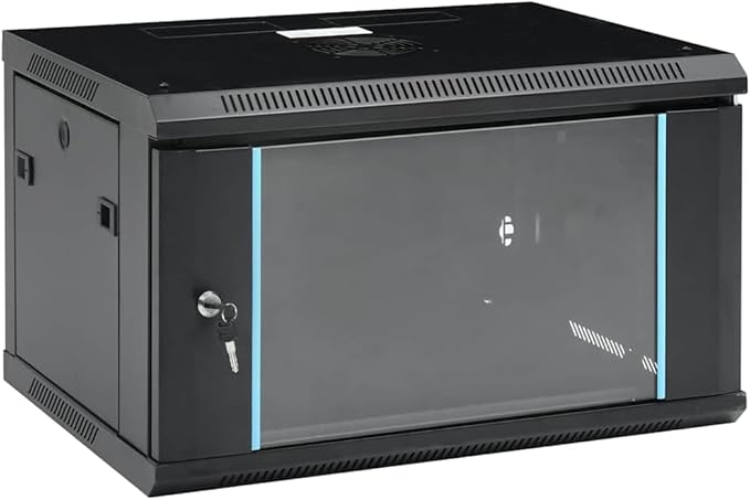 6U Wall Mount Network Cabinet 19 inch Server Rack Enclosure, Lockable Toughened Glass Door, Ventilated Data Cabinet for Router, Modem, Switch, Black, 23.6x17.7x13.8 Inches