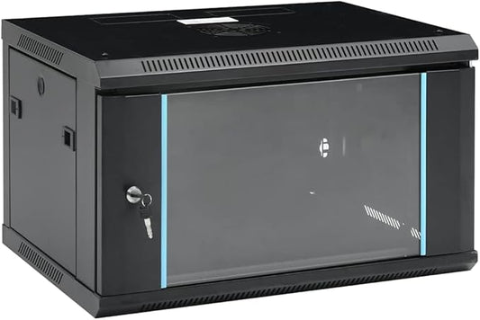 6U Wall Mount Network Cabinet 19 inch Server Rack Enclosure, Lockable Toughened Glass Door, Ventilated Data Cabinet for Router, Modem, Switch, Black, 23.6x17.7x13.8 Inches