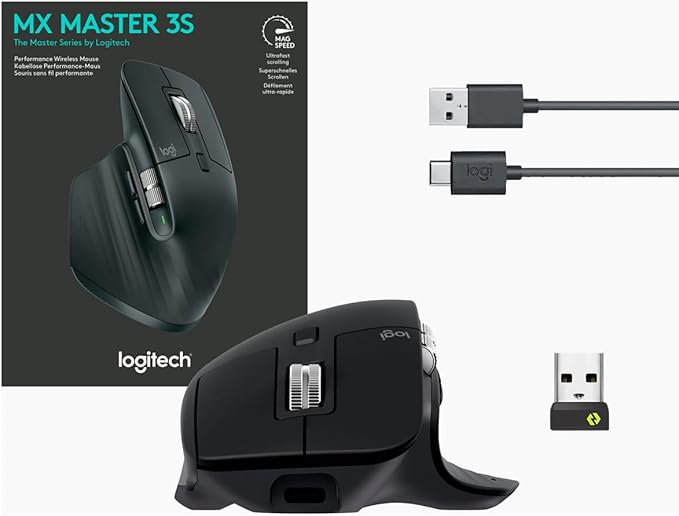 Logitech MX Master 3S - Wireless Performance Mouse with Ultra-Fast Scrolling, Ergo, 8K DPI, Track on Glass, Quiet Clicks, USB-C, Bluetooth, Windows, Linux, Chrome (Black)
