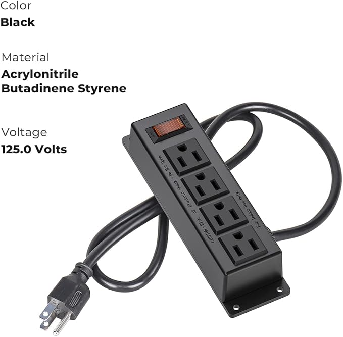 2 Packs Wall Mount Power Outlet Strip, 4 Outlet Mountable Power Strip with Switch, 3ft Cord Under Desk Power Strip for Office/Industrial/Home, Flat Plug, Black
