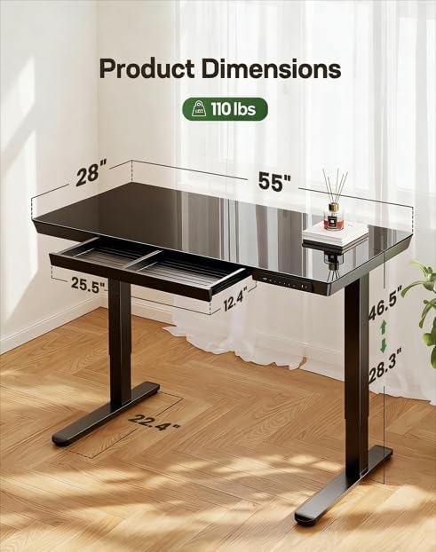 Marsail Glass Standing Desk with Drawer,55 x 28 inch Electric Standing Desk, Sit Stand Desk with One-Piece Tabletop & USB Charging Ports, Height Adjustable Desk with Storage for Home & Office Black