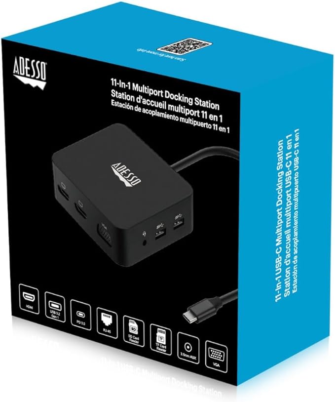Adesso USB C Docking Station Multiport Adapter Type C Hub 2 HDMI Support 4K, VGA, RJ45 Ethernet Port, 65W PD Charging, 2*USB, SD/TF Card Reader, 3.5mm Audio Jack (TAA Compliant)
