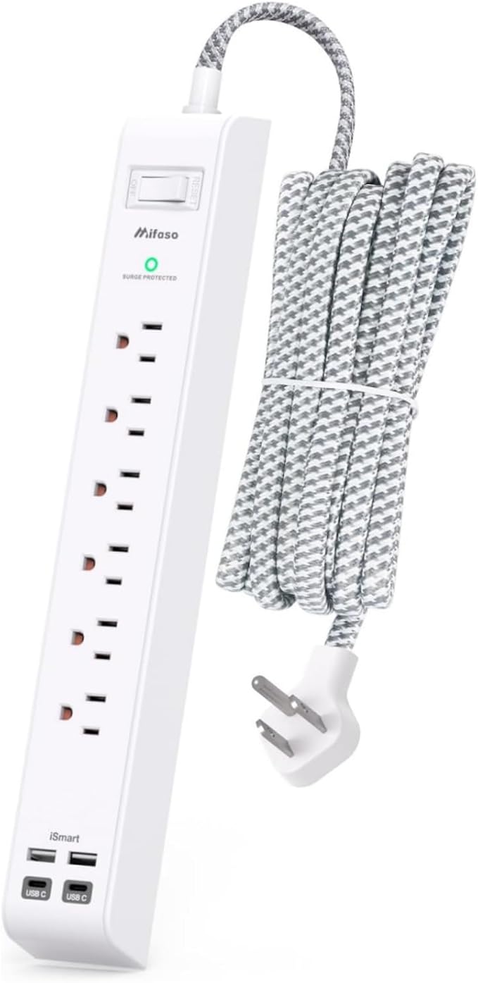Flat Plug Extension Cord 25FT, Surge Protector Power Strip with 2 USB A Ports 2 USB-C 6 AC Outlets, USB Charging Station, Wall Mountable for Home, Office, Dorm Essentials, 1080J, ETL Listed