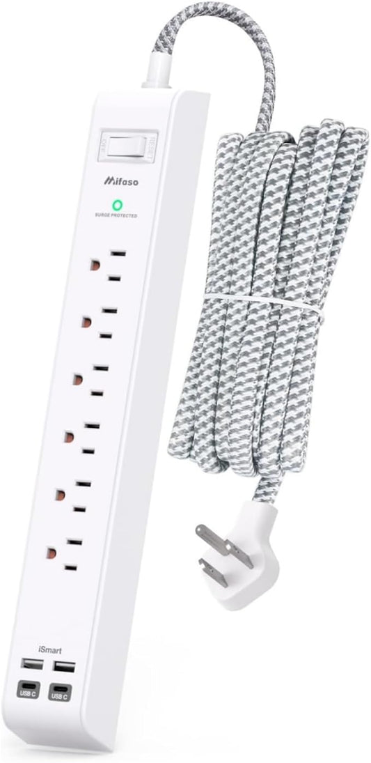 Flat Plug Extension Cord 25FT, Surge Protector Power Strip with 2 USB A Ports 2 USB-C 6 AC Outlets, USB Charging Station, Wall Mountable for Home, Office, Dorm Essentials, 1080J, ETL Listed