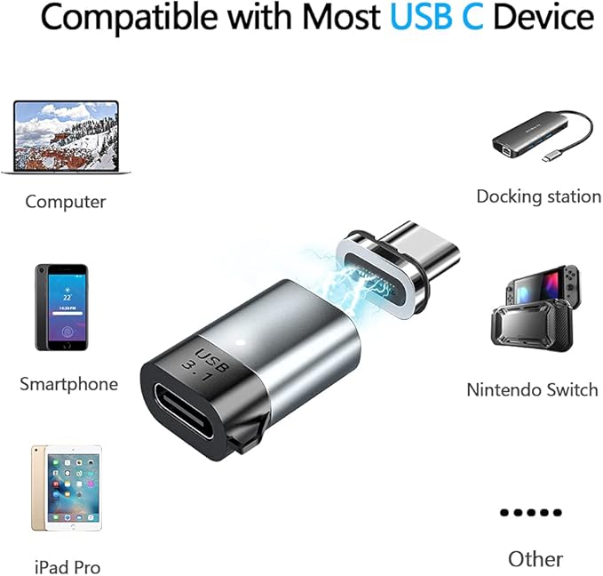 Magnetic USB C Adapter, 24Pins Type C Connector, PD 100W Fast Charging 10Gbs Data Transfer
