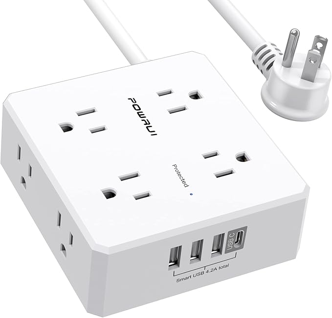 10Ft Surge Protector Power Strip - Flat Plug Extension Cord with 8 Widely Outlets and 4 USB Ports(1 USB C), 3 Side Outlet Extender for Home Office Dorm Room Essentials, White，ETL Listed