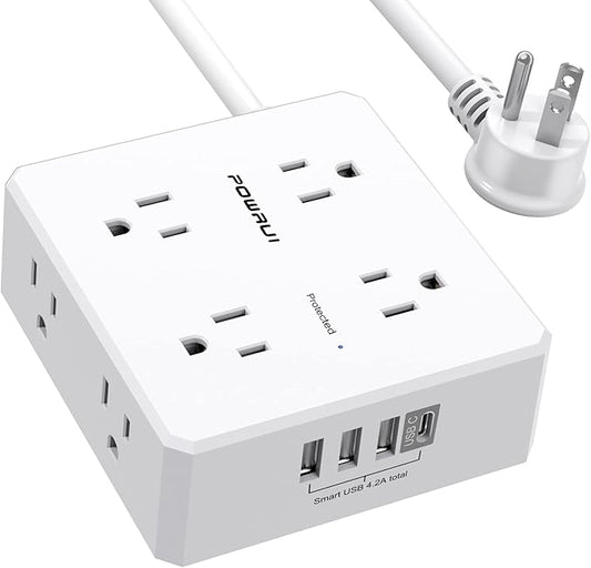 10Ft Surge Protector Power Strip - Flat Plug Extension Cord with 8 Widely Outlets and 4 USB Ports(1 USB C), 3 Side Outlet Extender for Home Office Dorm Room Essentials, White，ETL Listed
