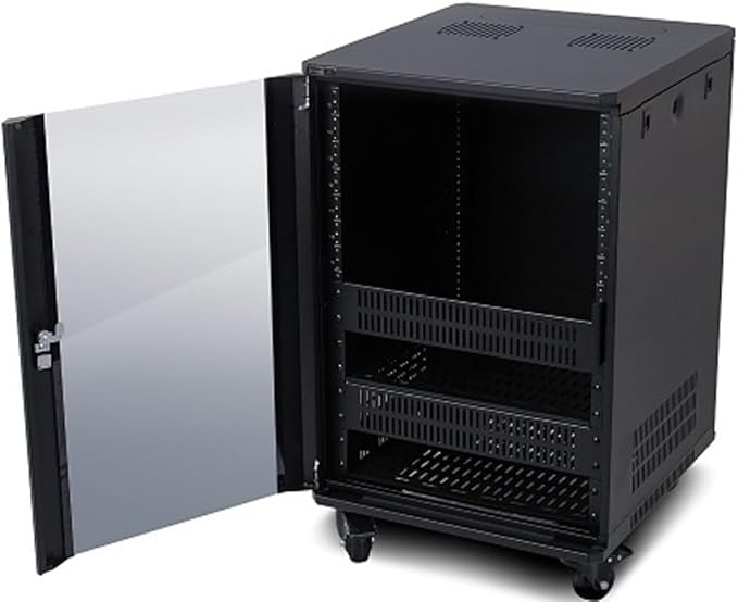 Strong SR-FS-SYSTEM-DC-15U FS-Series 15U Rack System with DC Fans, Steel with 24" Deep Black Powder Coat/Tinted & Tempered Glass Door, 750 lbs Maximum Load Weight, Low-Profile Casters